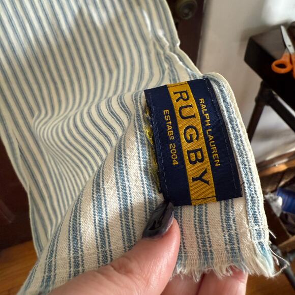 Y2K Vintage | RALPH LAUREN RUGBY | Blue White TIcker Striped Long Cotton Scarf - Picture 2 of 3